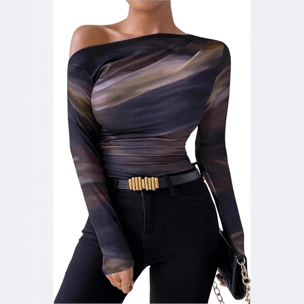 Summer New Fashion Tie - dye Printing Asymmetric Ruffled Women's Long Sleeve T-shirt - Zeprah
