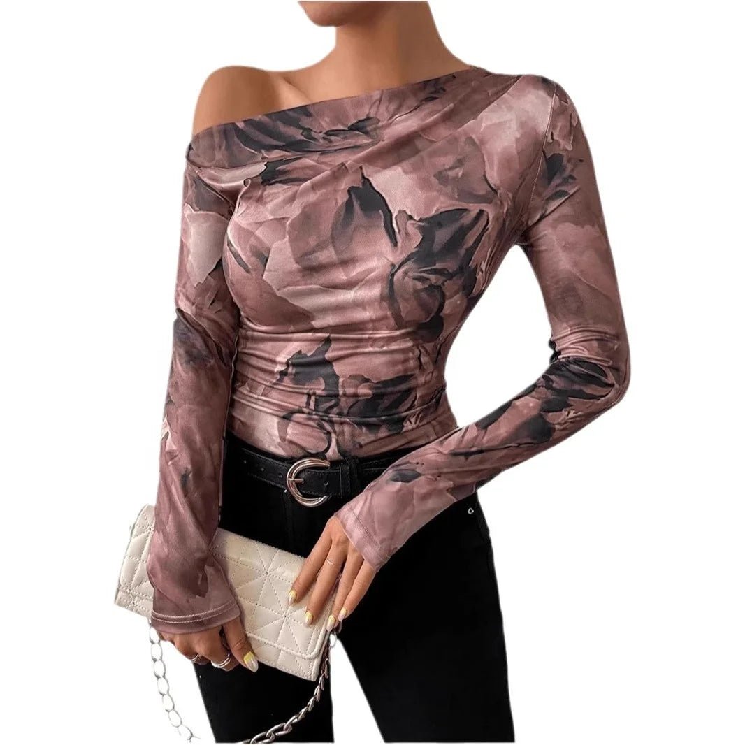 Summer New Fashion Tie - dye Printing Asymmetric Ruffled Women's Long Sleeve T-shirt - Zeprah