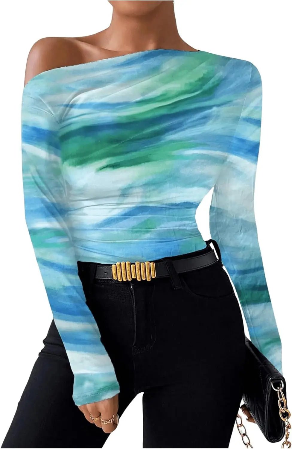 Summer New Fashion Tie - dye Printing Asymmetric Ruffled Women's Long Sleeve T-shirt - Zeprah