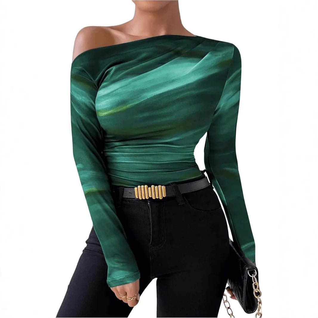 Summer New Fashion Tie - dye Printing Asymmetric Ruffled Women's Long Sleeve T-shirt - Zeprah