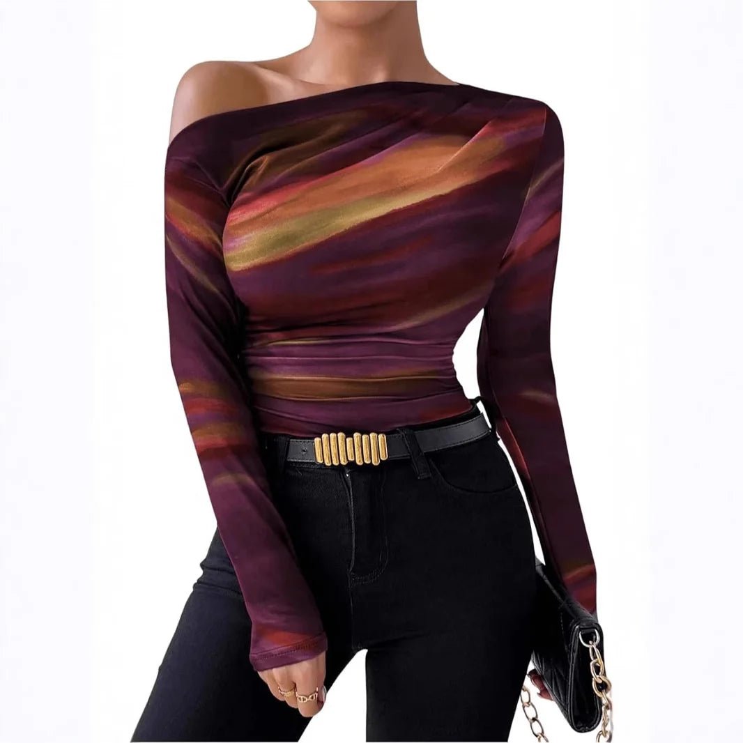 Summer New Fashion Tie - dye Printing Asymmetric Ruffled Women's Long Sleeve T-shirt - Zeprah