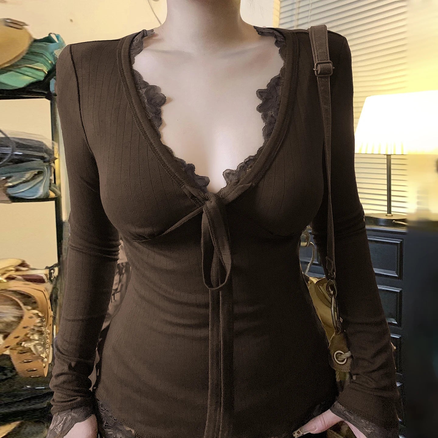 Summer New Product Sexy Lace Solid Color Long Sleeve T-shirt Slimming and Slimming Women's Top - Zeprah