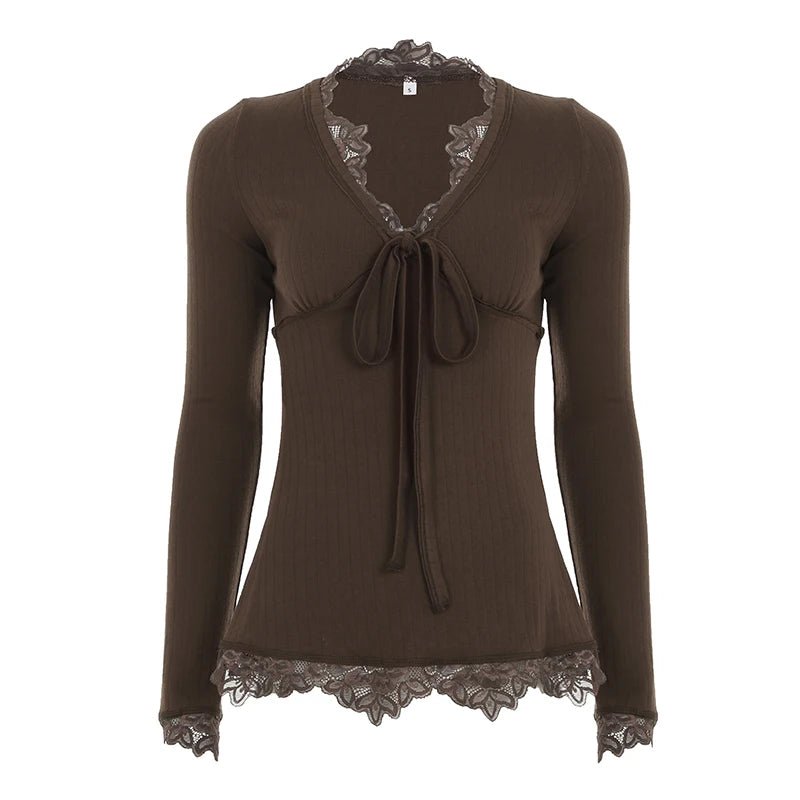 Summer New Product Sexy Lace Solid Color Long Sleeve T-shirt Slimming and Slimming Women's Top - Zeprah