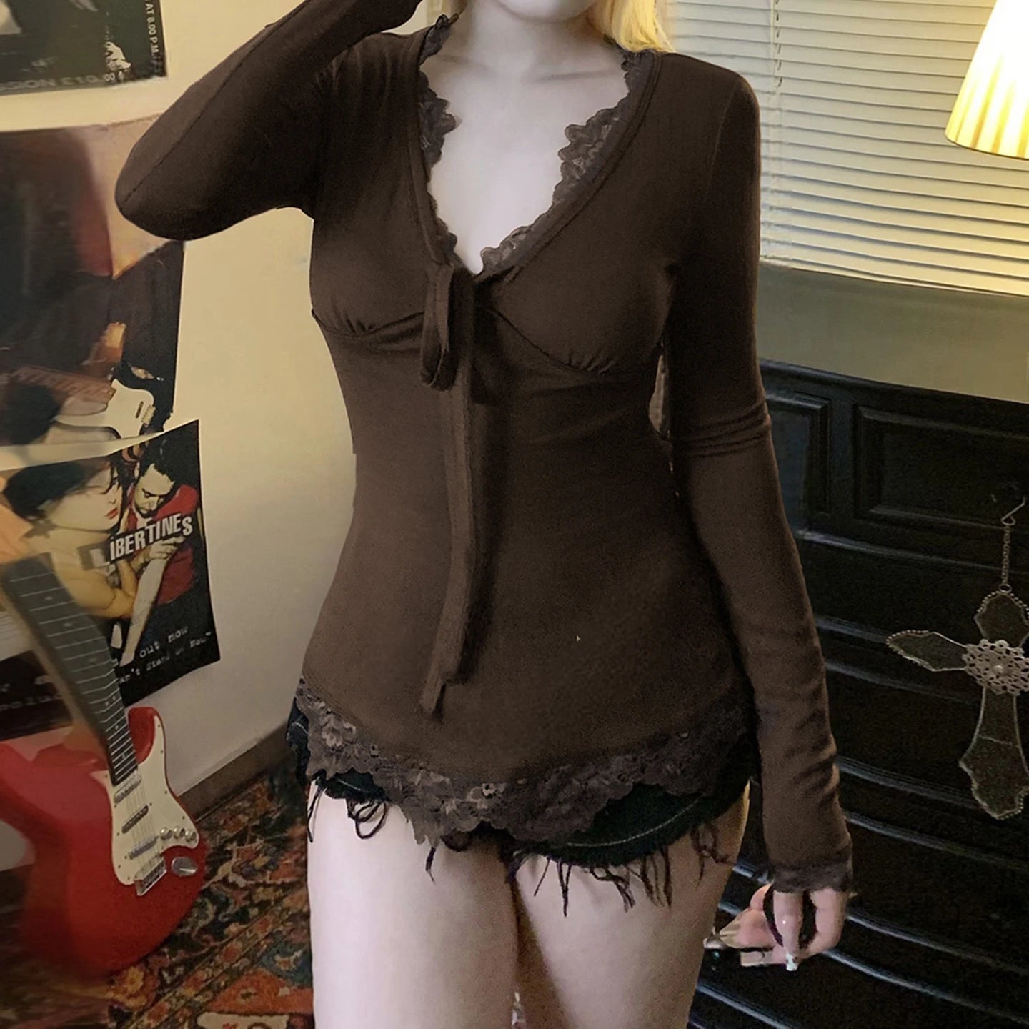 Summer New Product Sexy Lace Solid Color Long Sleeve T-shirt Slimming and Slimming Women's Top - Zeprah