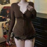 Summer New Product Sexy Lace Solid Color Long Sleeve T-shirt Slimming and Slimming Women's Top - Zeprah