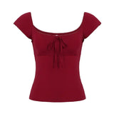 Summer New Women's Sweet Lace Trim Bow Tie Breathable Knitted Slim Fit Stretch U - Neck Ruffle Layering Short Sleeve T-Shirt - Zeprah