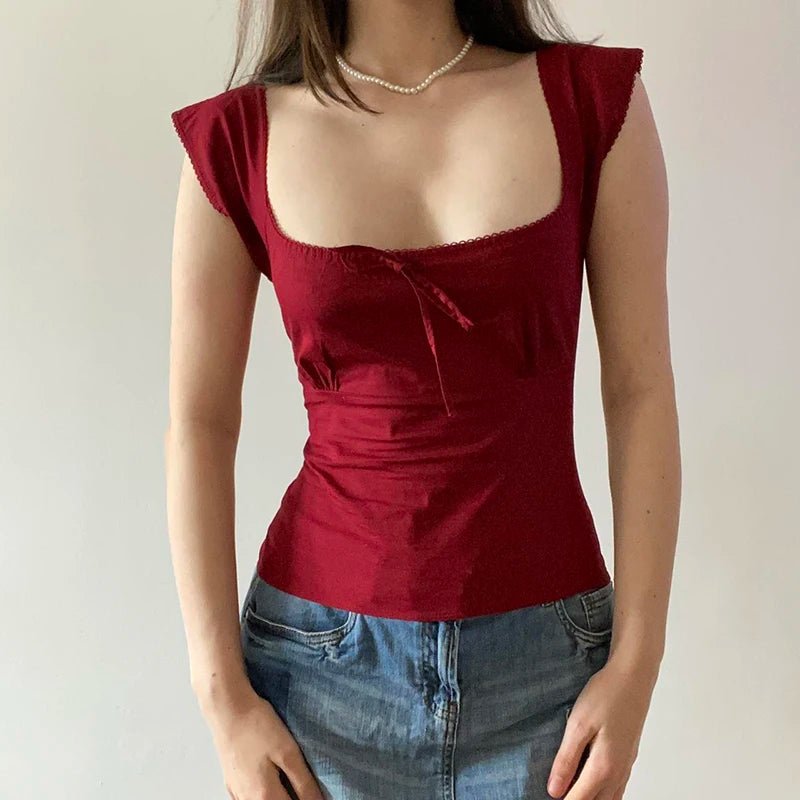 Summer New Women's Sweet Lace Trim Bow Tie Breathable Knitted Slim Fit Stretch U - Neck Ruffle Layering Short Sleeve T-Shirt - Zeprah