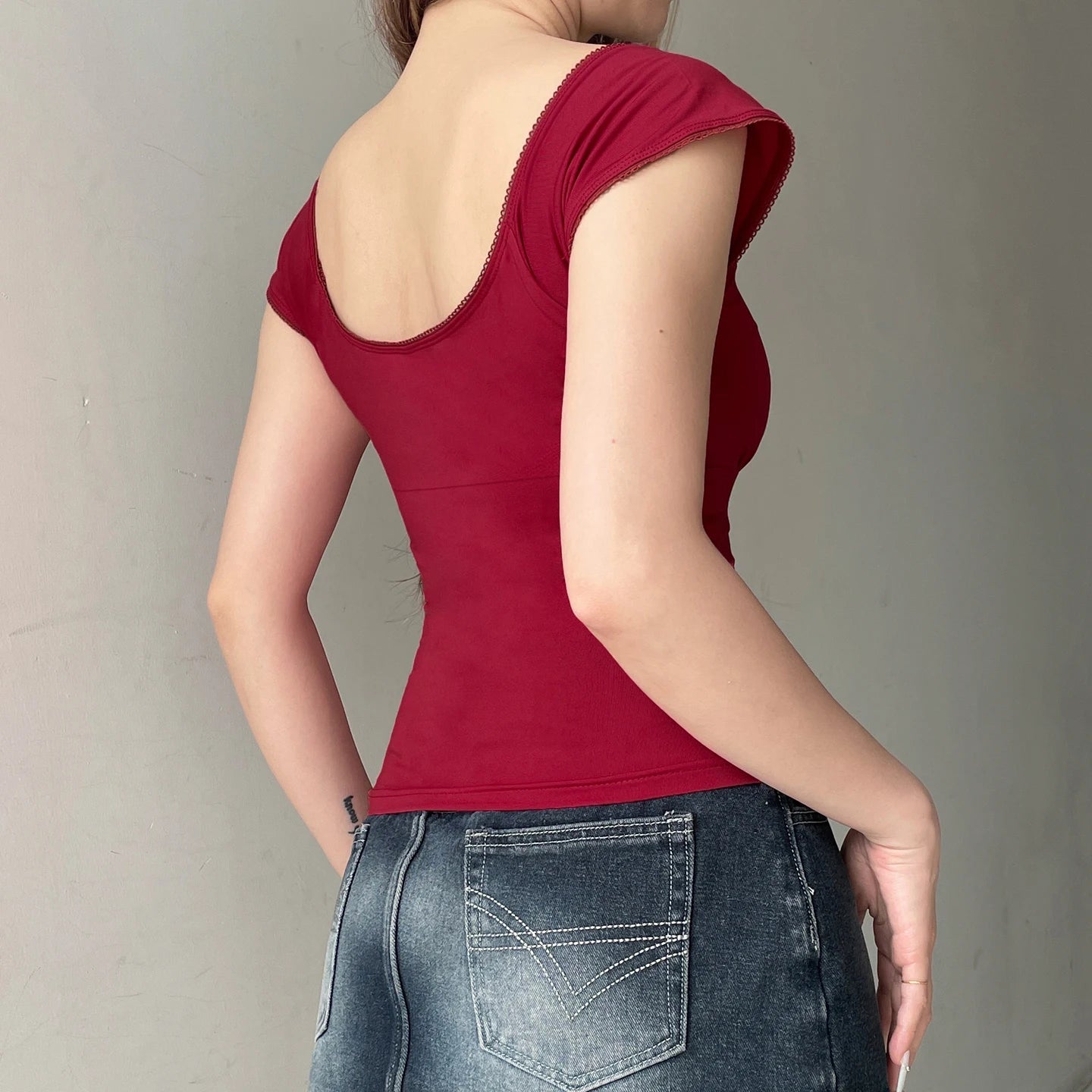 Summer New Women's Sweet Lace Trim Bow Tie Breathable Knitted Slim Fit Stretch U - Neck Ruffle Layering Short Sleeve T-Shirt - Zeprah