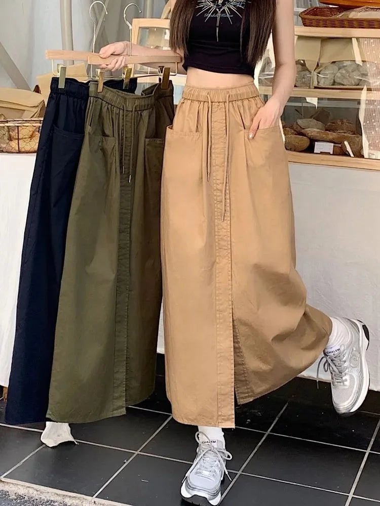Summer New Women's Wide - Leg A - Line Skirt Double Pocket Design High Split Loose Fit Midi Skirt for Ladies - Zeprah