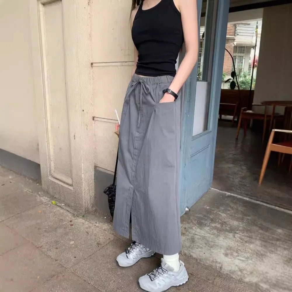 Summer New Women's Wide - Leg A - Line Skirt Double Pocket Design High Split Loose Fit Midi Skirt for Ladies - Zeprah