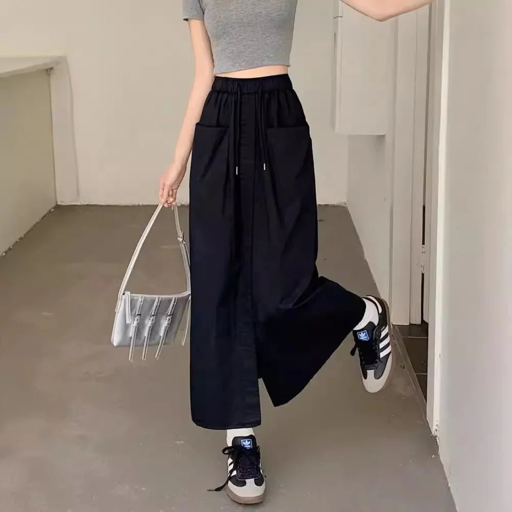 Summer New Women's Wide - Leg A - Line Skirt Double Pocket Design High Split Loose Fit Midi Skirt for Ladies - Zeprah