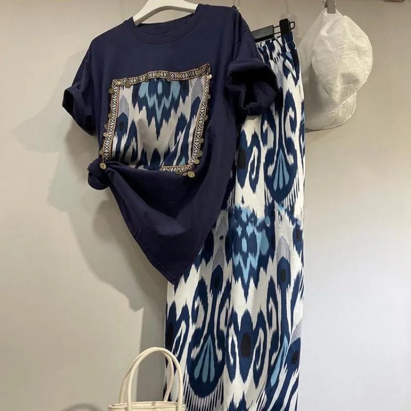 Summer Popular Casual Fragrant Style Two - piece Set Short Sleeve Top and Long Pants Women's Set - Zeprah