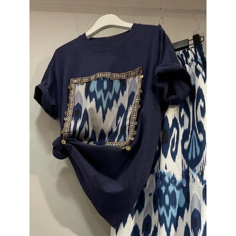 Summer Popular Casual Fragrant Style Two - piece Set Short Sleeve Top and Long Pants Women's Set - Zeprah
