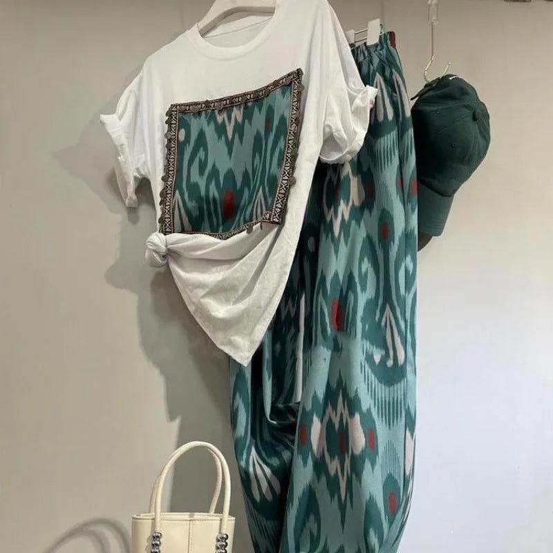 Summer Popular Casual Fragrant Style Two - piece Set Short Sleeve Top and Long Pants Women's Set - Zeprah