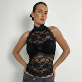Summer Sexy Breathable Halter Neck Tank Tops Ruffled Collar Fitted with Solid Color Lace Trim - Zeprah