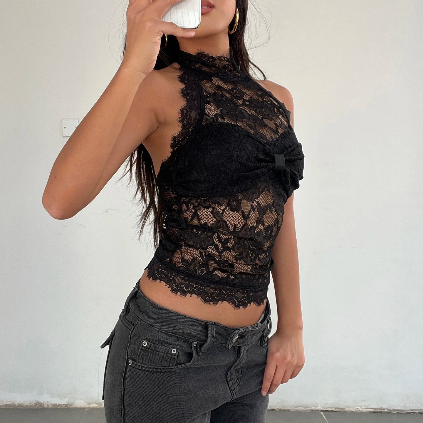 Summer Sexy Breathable Halter Neck Tank Tops Ruffled Collar Fitted with Solid Color Lace Trim - Zeprah