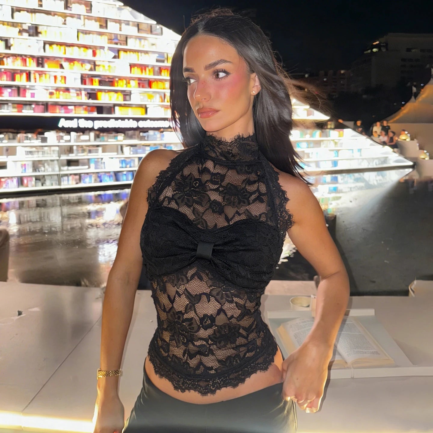 Summer Sexy Breathable Halter Neck Tank Tops Ruffled Collar Fitted with Solid Color Lace Trim - Zeprah