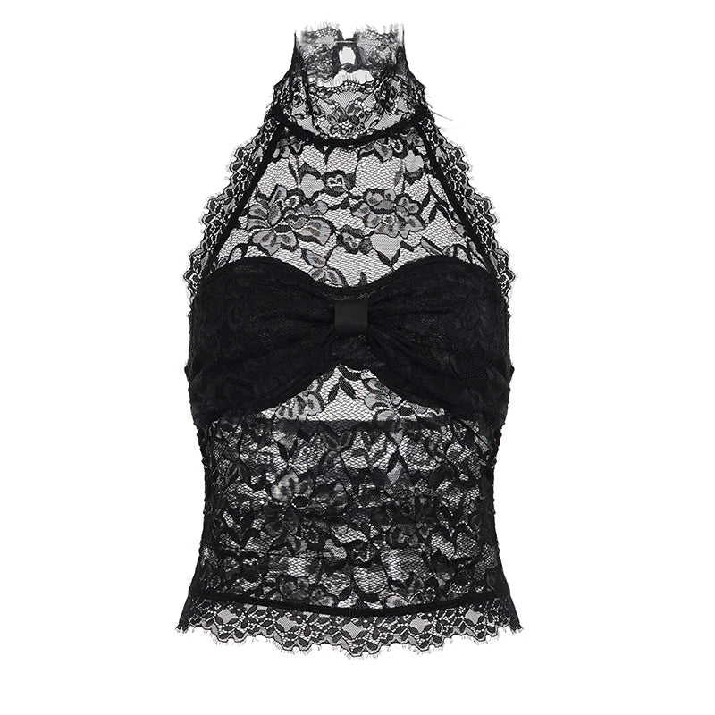 Summer Sexy Breathable Halter Neck Tank Tops Ruffled Collar Fitted with Solid Color Lace Trim - Zeprah