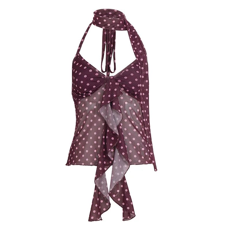 Summer Short Mesh Camisole with Polka Dot Print Ribbons Tie See - Through Backless Sleeveless Top Sexy Lace - Up Women's Blouse - Zeprah