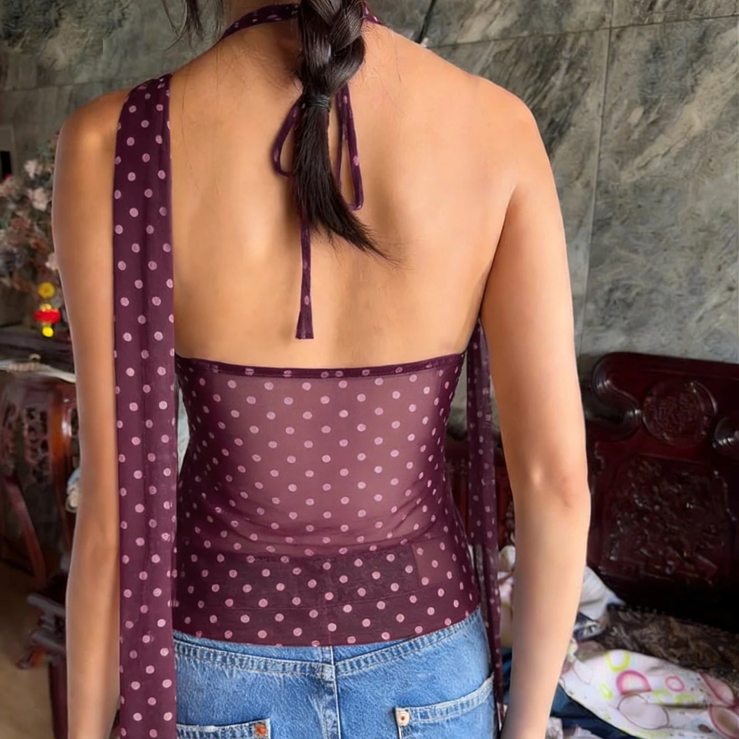 Summer Short Mesh Camisole with Polka Dot Print Ribbons Tie See - Through Backless Sleeveless Top Sexy Lace - Up Women's Blouse - Zeprah