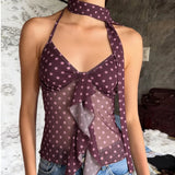 Summer Short Mesh Camisole with Polka Dot Print Ribbons Tie See - Through Backless Sleeveless Top Sexy Lace - Up Women's Blouse - Zeprah