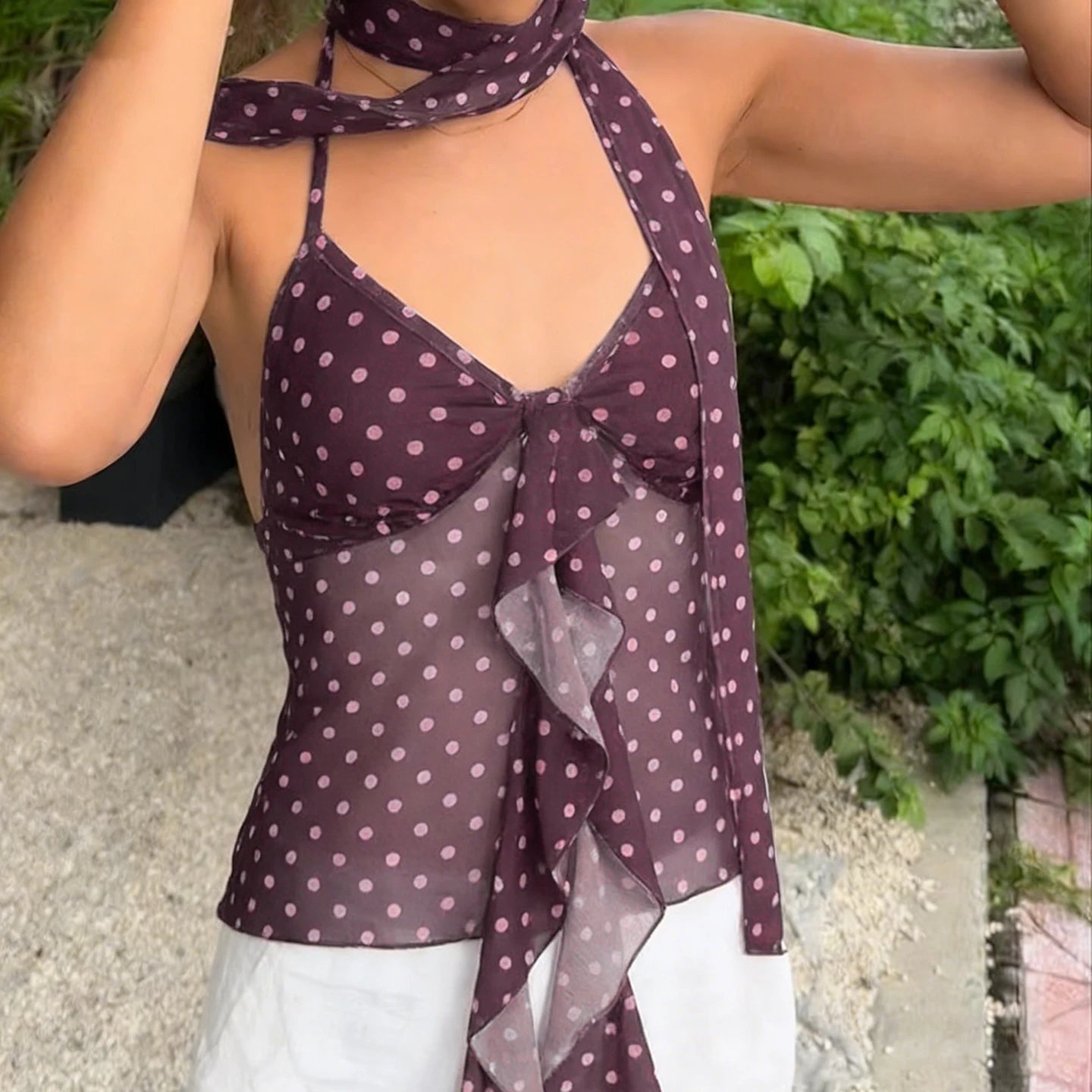 Summer Short Mesh Camisole with Polka Dot Print Ribbons Tie See - Through Backless Sleeveless Top Sexy Lace - Up Women's Blouse - Zeprah