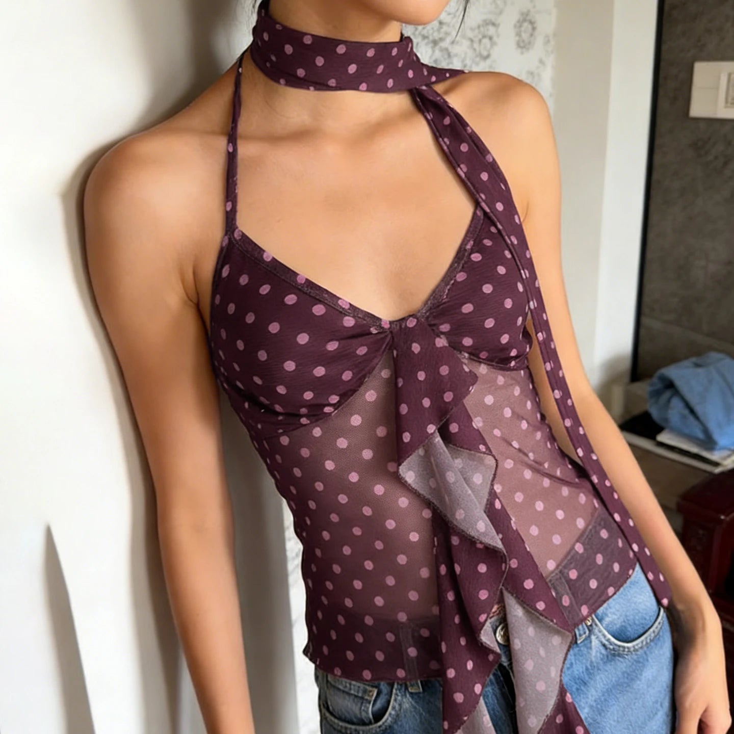 Summer Short Mesh Camisole with Polka Dot Print Ribbons Tie See - Through Backless Sleeveless Top Sexy Lace - Up Women's Blouse - Zeprah