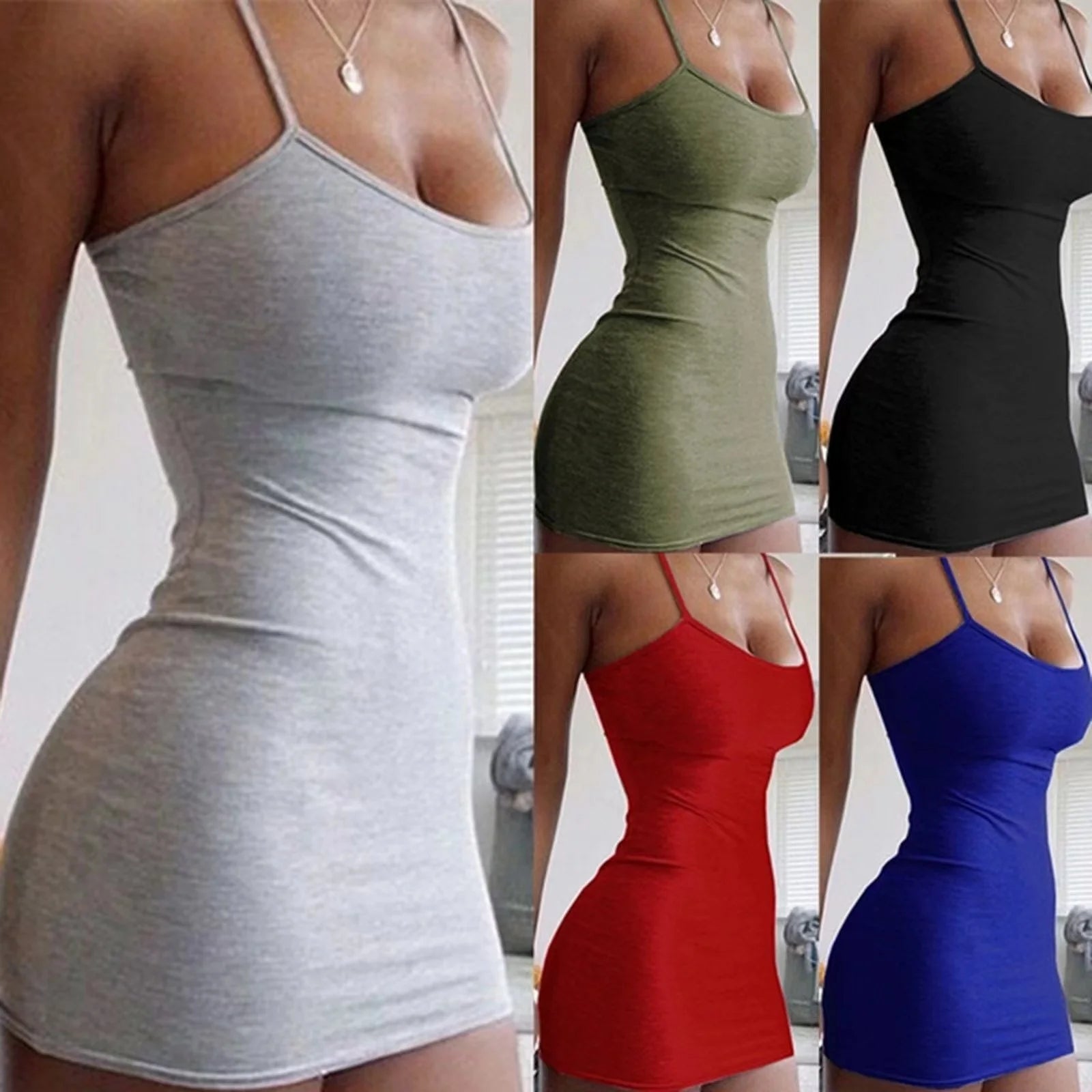 Summer Sleeveless Vestidos Women Spaghetti Strap Dresses Female High Waist Sheath Club Dress Short Solid Sexy Dress - Zeprah