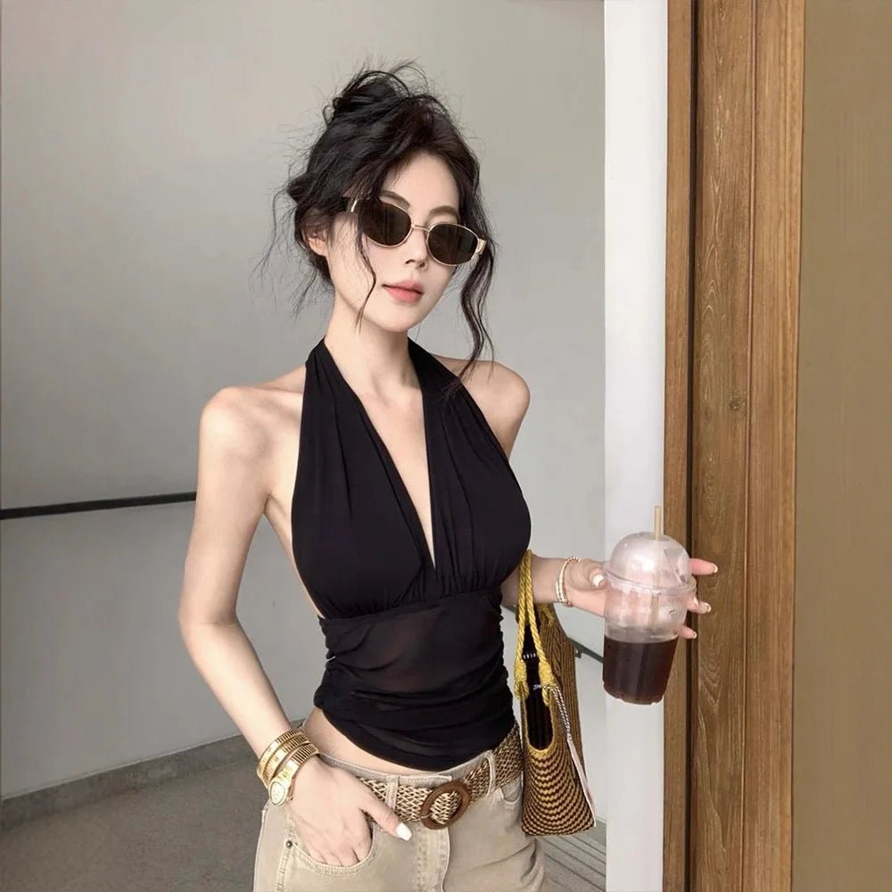Summer Solid Color Halter Lacing Fashion Club Crop Top for Women Open Back Ruched Sleeveless Skinny Party Camisole - Zeprah