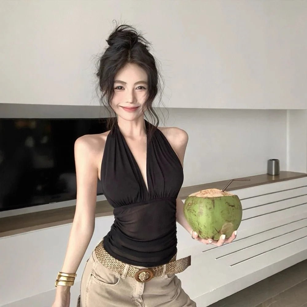 Summer Solid Color Halter Lacing Fashion Club Crop Top for Women Open Back Ruched Sleeveless Skinny Party Camisole - Zeprah