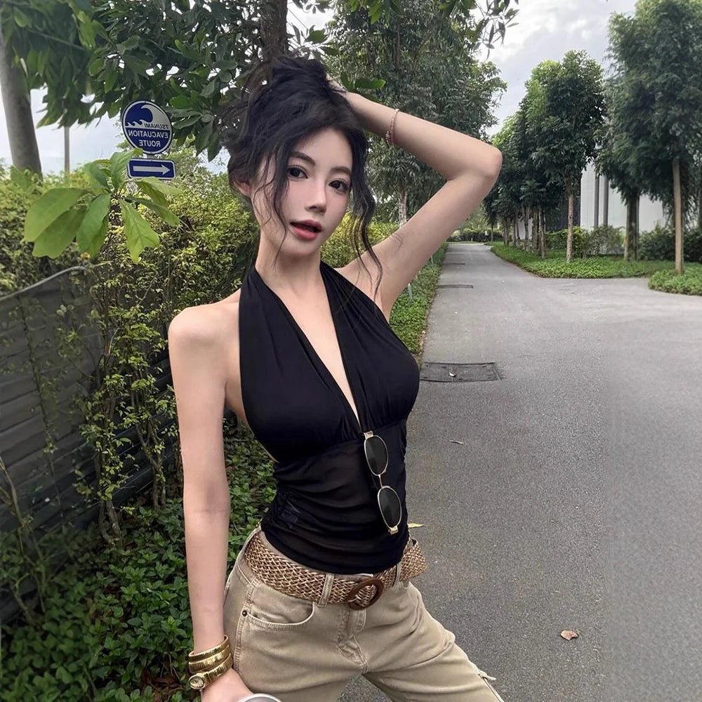 Summer Solid Color Halter Lacing Fashion Club Crop Top for Women Open Back Ruched Sleeveless Skinny Party Camisole - Zeprah