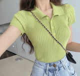 Summer Solid Slim - fit Short Top Korean Style Retro Small Lel Short - sleeved Knitted T-shirt for Women - Zeprah