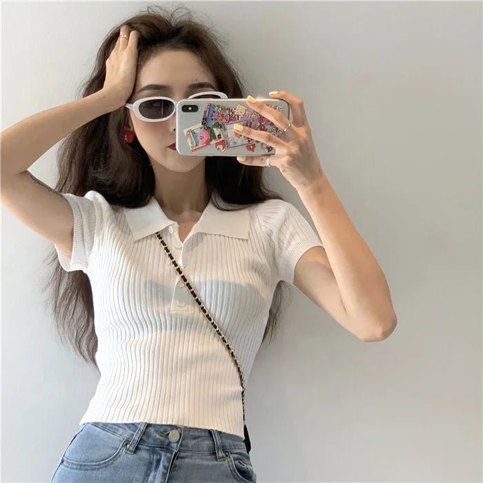 Summer Solid Slim - fit Short Top Korean Style Retro Small Lel Short - sleeved Knitted T-shirt for Women - Zeprah
