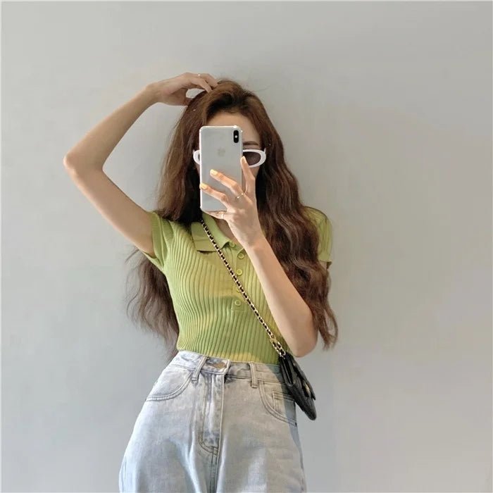 Summer Solid Slim - fit Short Top Korean Style Retro Small Lel Short - sleeved Knitted T-shirt for Women - Zeprah