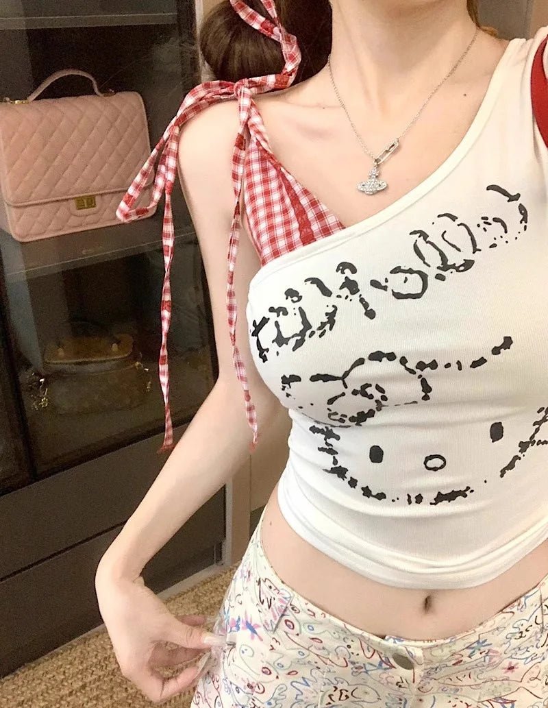 Summer Spice Girl Slant Shoulder Print Plaid Stitching Sleeveless Vest Women's Shoulder Girl's Short Top - Zeprah