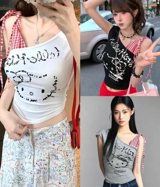 Summer Spice Girl Slant Shoulder Print Plaid Stitching Sleeveless Vest Women's Shoulder Girl's Short Top - Zeprah