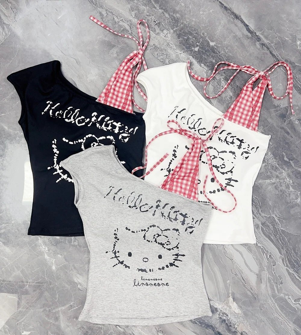 Summer Spice Girl Slant Shoulder Print Plaid Stitching Sleeveless Vest Women's Shoulder Girl's Short Top - Zeprah