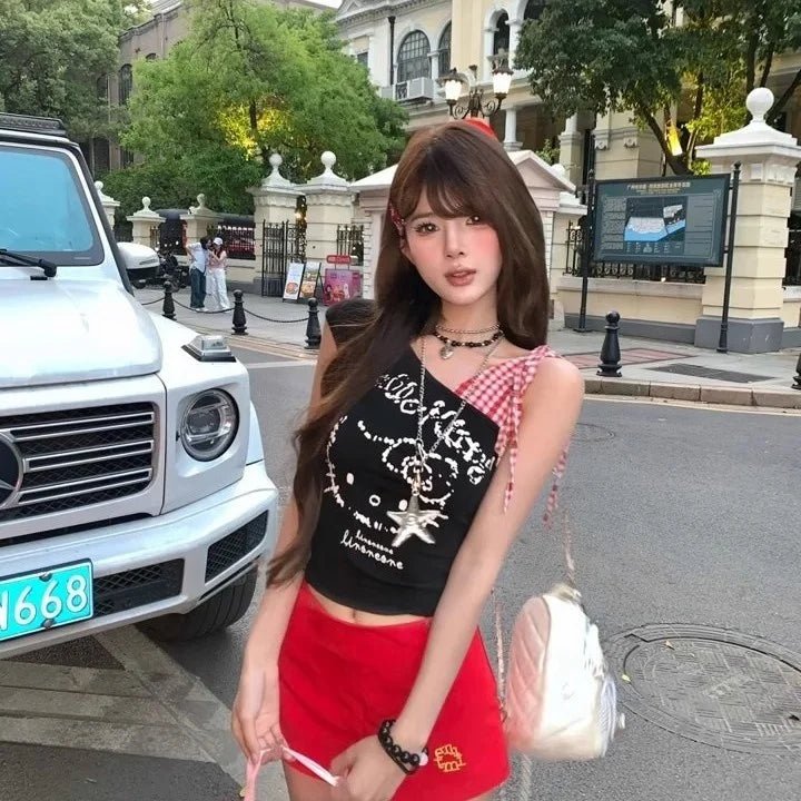 Summer Spice Girl Slant Shoulder Print Plaid Stitching Sleeveless Vest Women's Shoulder Girl's Short Top - Zeprah