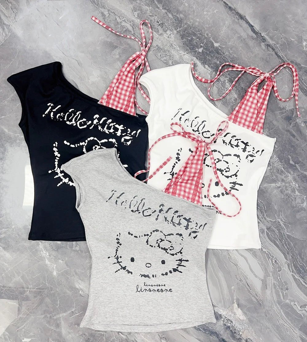 Summer Spice Girl Slant Shoulder Print Plaid Stitching Sleeveless Vest Women's Shoulder Girl's Short Top - Zeprah