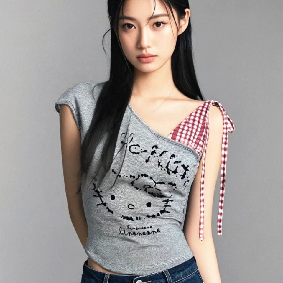 Summer Spice Girl Slant Shoulder Print Plaid Stitching Sleeveless Vest Women's Shoulder Girl's Short Top - Zeprah