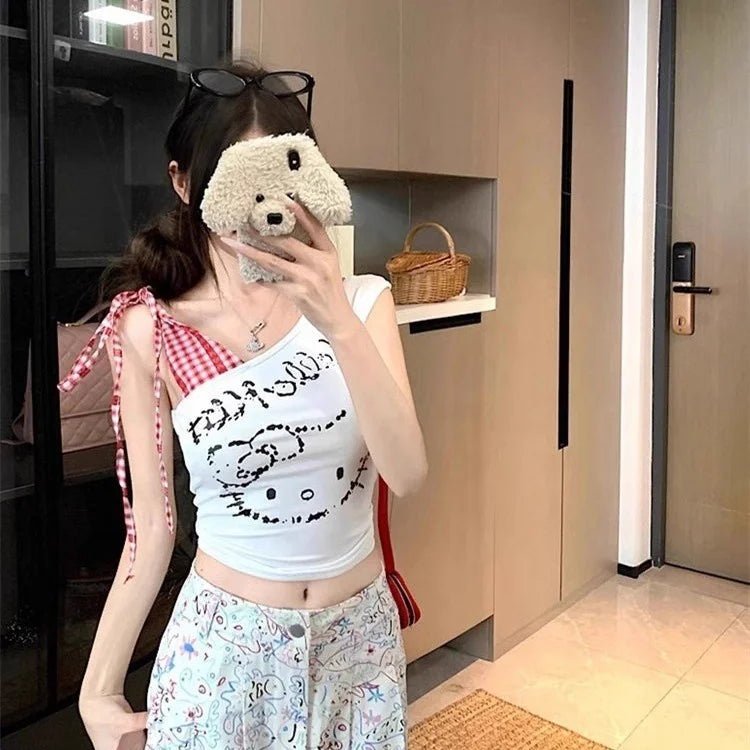 Summer Spice Girl Slant Shoulder Print Plaid Stitching Sleeveless Vest Women's Shoulder Girl's Short Top - Zeprah