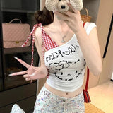 Summer Spice Girl Slant Shoulder Print Plaid Stitching Sleeveless Vest Women's Shoulder Girl's Short Top - Zeprah