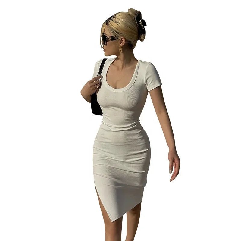 Summer Trendy Women's Casual Style Bodycon Dress Short Sleeve Regular Slim Fit Slit Cross - Border Fashion Plain Dyed Dress - Zeprah