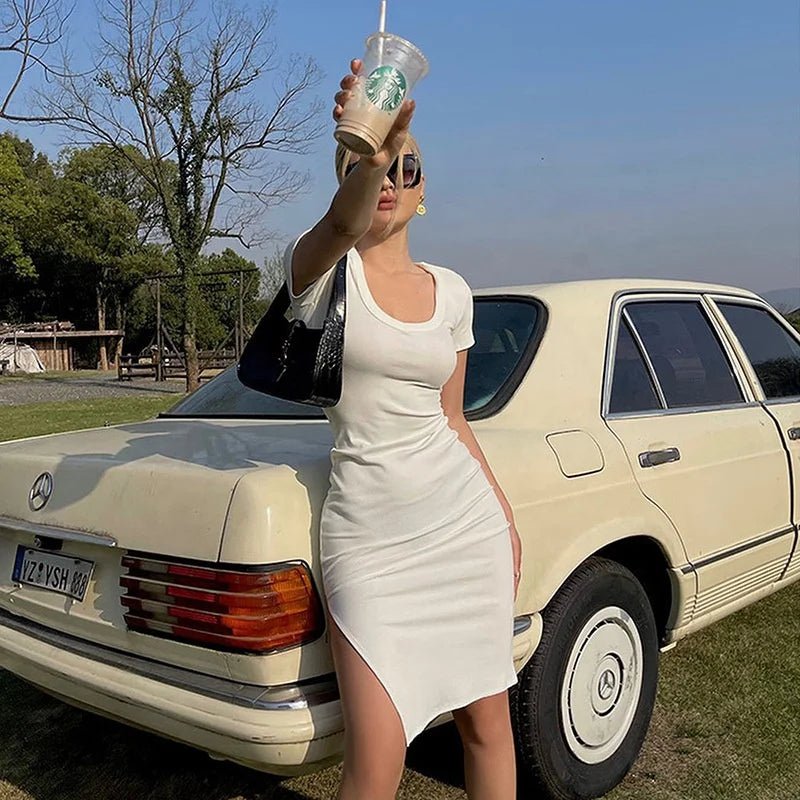 Summer Trendy Women's Casual Style Bodycon Dress Short Sleeve Regular Slim Fit Slit Cross - Border Fashion Plain Dyed Dress - Zeprah