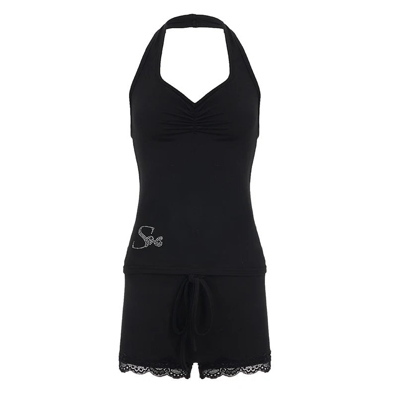 Summer Two - Piece Yoga Set Knit Halter Top with Rhinestone Lace Above Knee Shorts Sportswear Matching Outfit - Zeprah