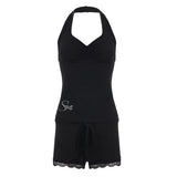 Summer Two - Piece Yoga Set Knit Halter Top with Rhinestone Lace Above Knee Shorts Sportswear Matching Outfit - Zeprah