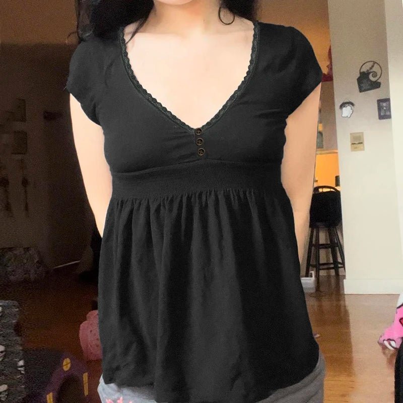 Summer Women Knitted Short Sleeve Ruched Lace Trim V Neck Button Front Loose Fit a Line Casual Blouse T-Shirt - Zeprah