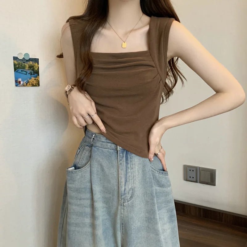 Summer Women Tank Top Square - cut Collar Ruched Halter Top Solid Tank Top - Zeprah