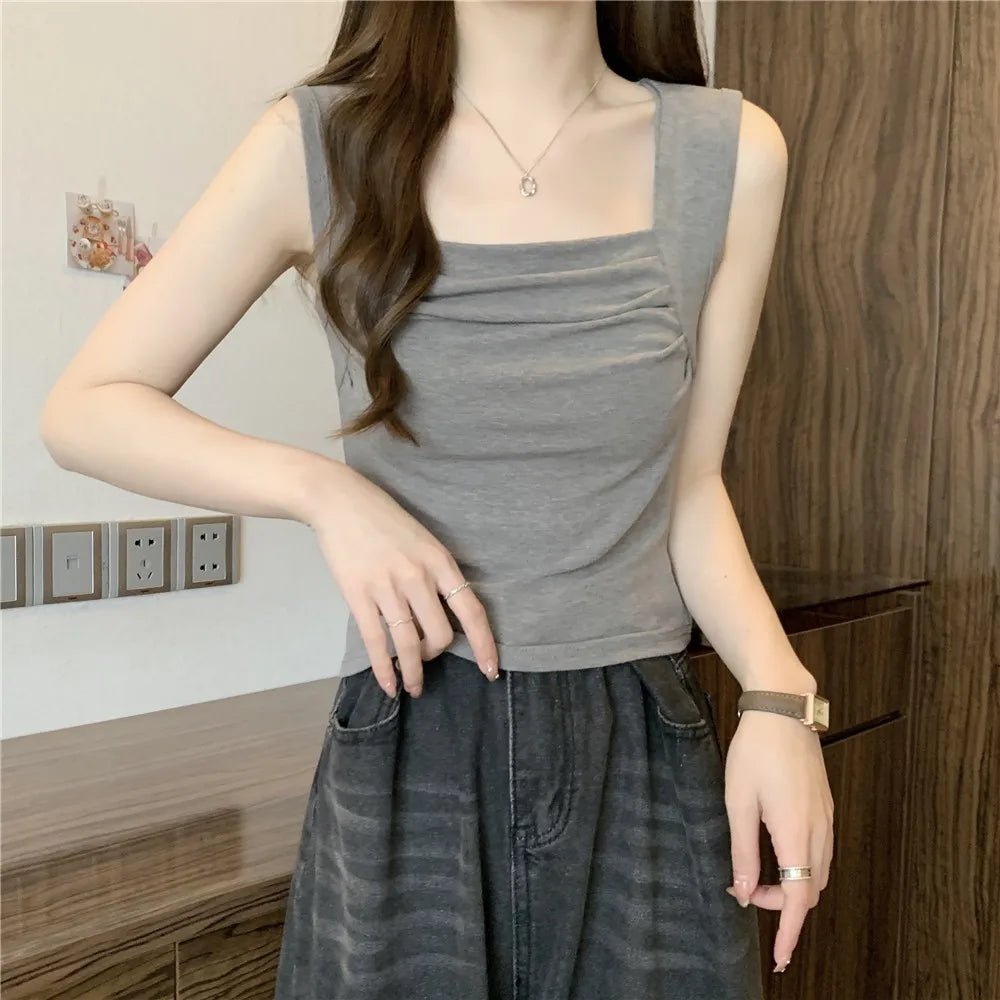 Summer Women Tank Top Square - cut Collar Ruched Halter Top Solid Tank Top - Zeprah