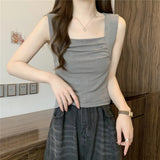 Summer Women Tank Top Square - cut Collar Ruched Halter Top Solid Tank Top - Zeprah